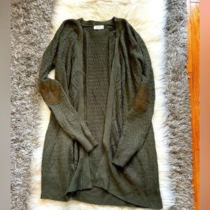 Olive Green Open Front Knit Cardigan